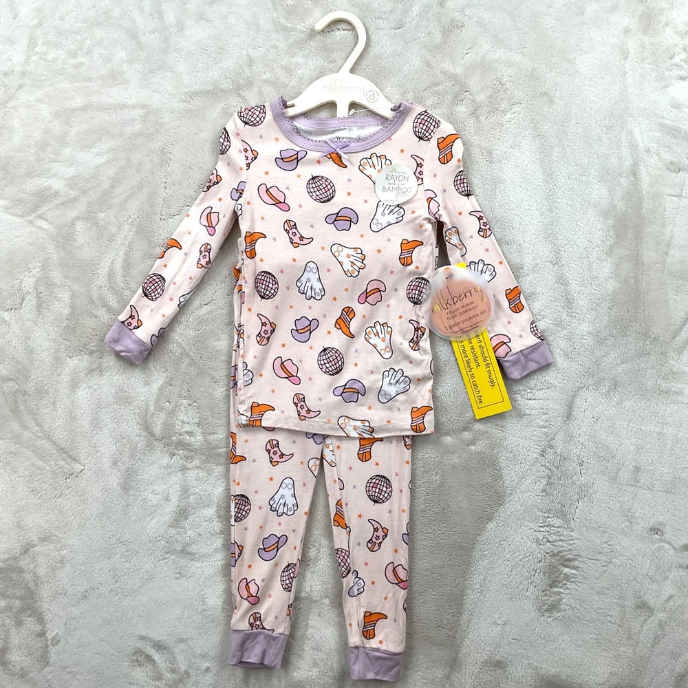 Milkberry Bamboo Rayon Pajamas 12M Pink Disco Ghost Western Cowboy Boot Set NEW